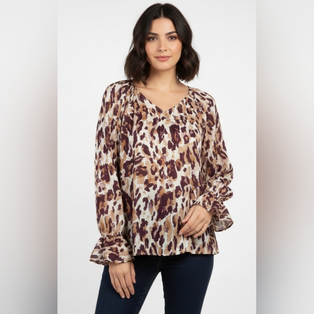NWT Anne Klein Animal Print V-Neck Blouse size L